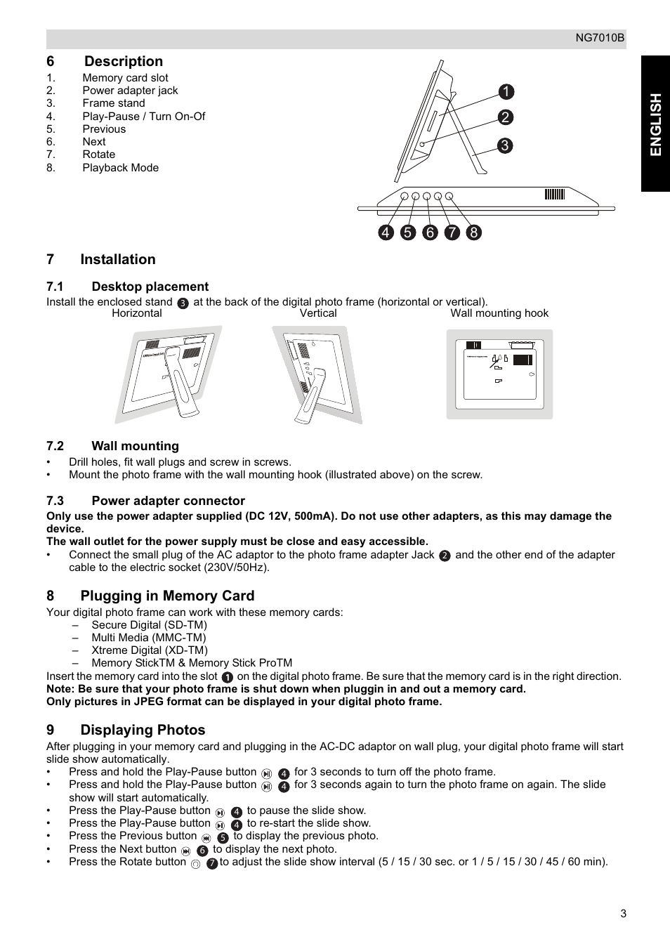 En glish, 6description, 7installation | 9displaying photos | National Geographic NG7010B User Manual | Page 3 / 5