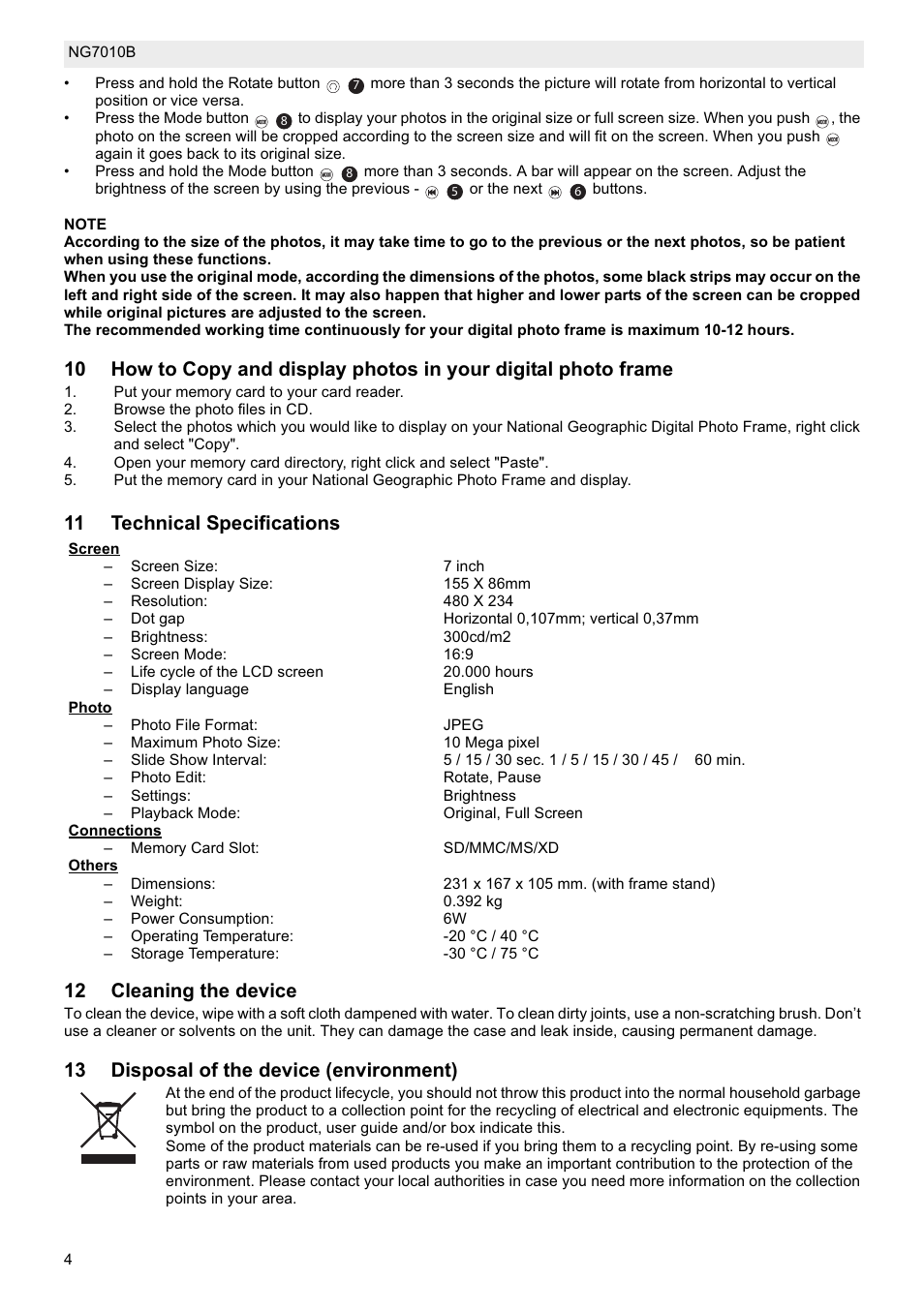11 technical specifications 12 cleaning the device, 13 disposal of the device (environment) | National Geographic NG7010B User Manual | Page 4 / 5