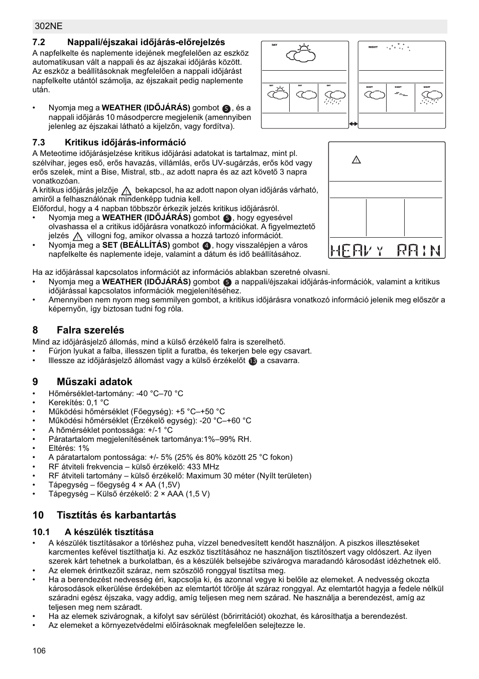 8falra szerelés, 9mħszaki adatok, 10 tisztítás és karbantartás | National Geographic Weather Forecast 302 NE User Manual | Page 106 / 128