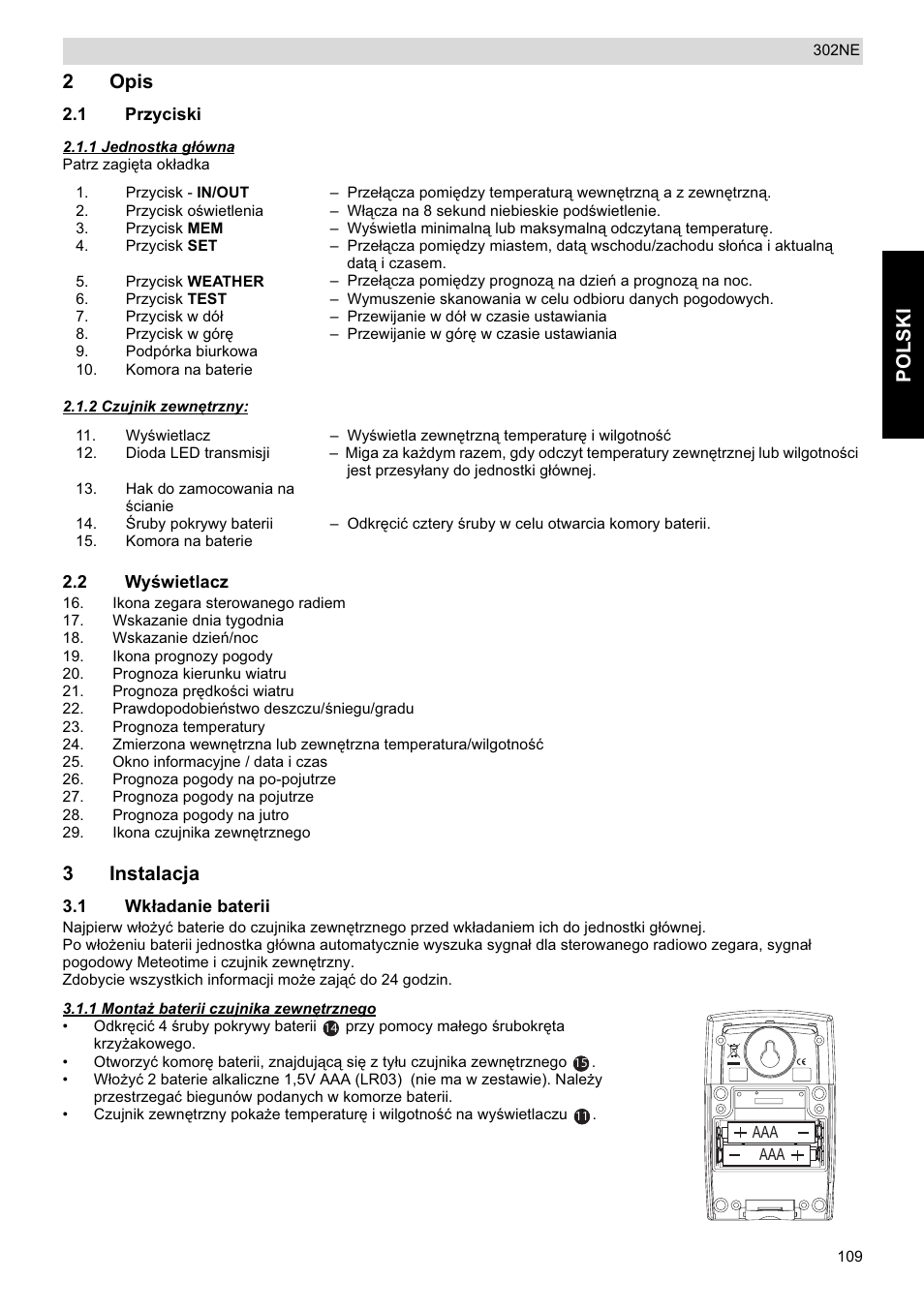 Polski, 2opis, 3instalacja | National Geographic Weather Forecast 302 NE User Manual | Page 109 / 128