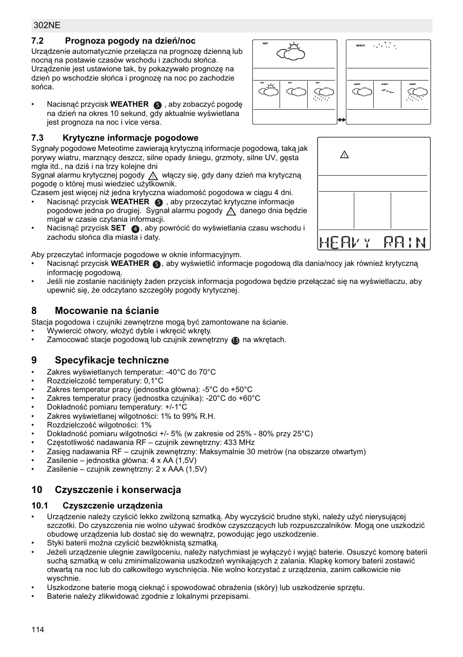 8mocowanie na ğcianie, 9specyfikacje techniczne, 10 czyszczenie i konserwacja | National Geographic Weather Forecast 302 NE User Manual | Page 114 / 128