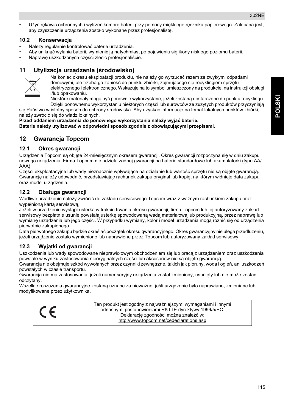 Polski, 11 utylizacja urządzenia (ğrodowisko), 12 gwarancja topcom | National Geographic Weather Forecast 302 NE User Manual | Page 115 / 128
