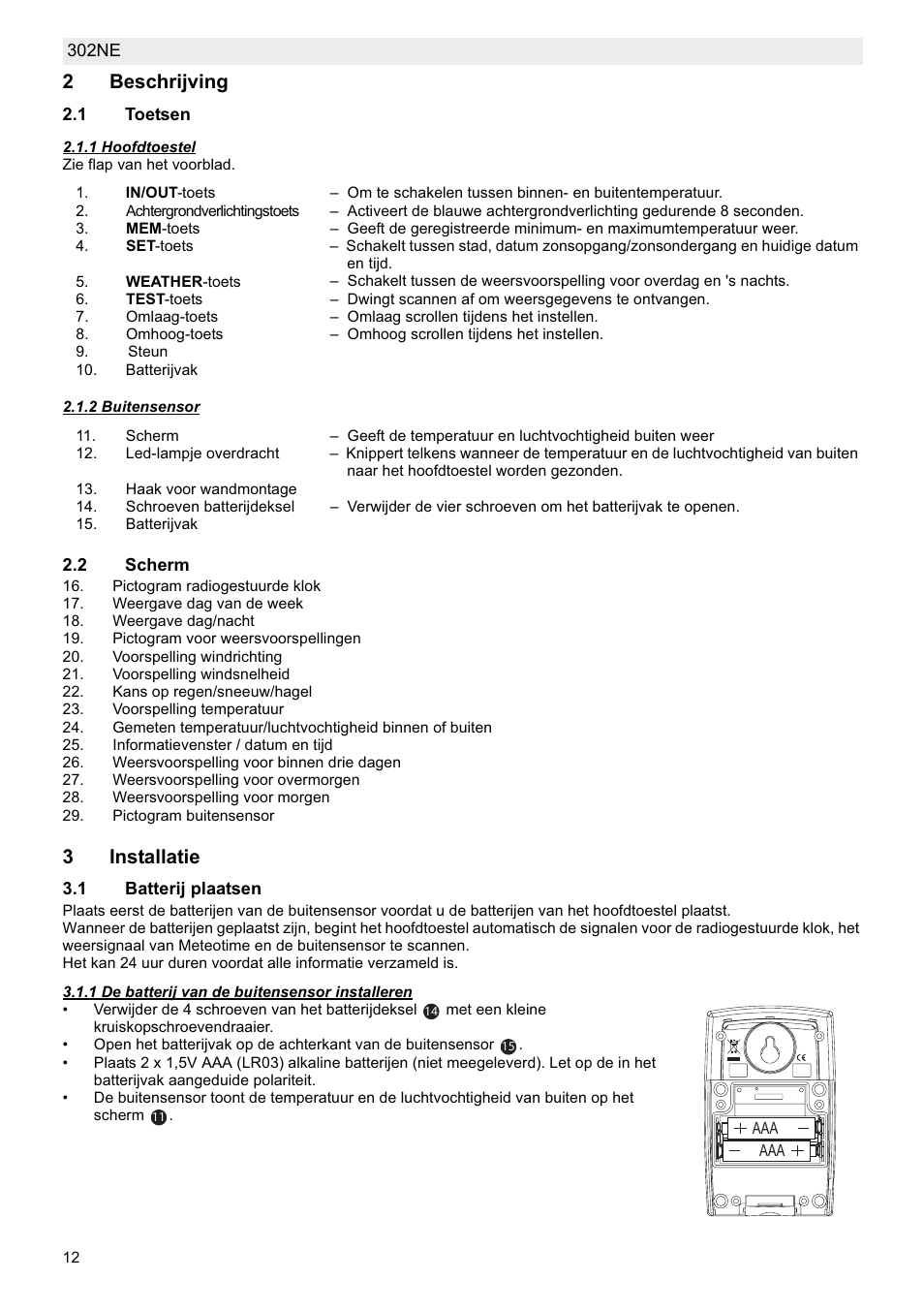 2beschrijving, 3installatie | National Geographic Weather Forecast 302 NE User Manual | Page 12 / 128