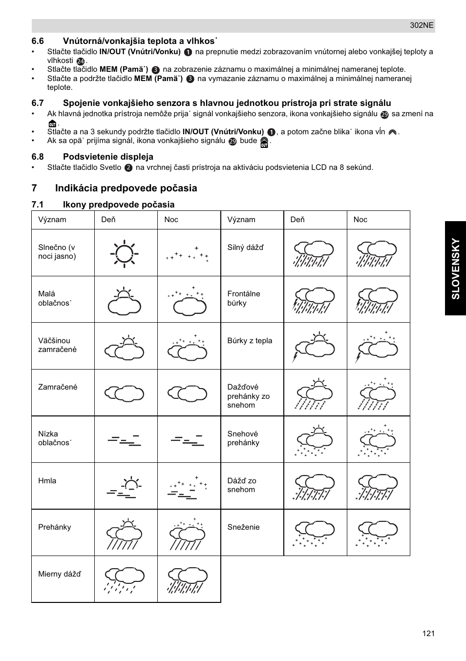 Slovensky, 7indikácia predpovede poþasia | National Geographic Weather Forecast 302 NE User Manual | Page 121 / 128