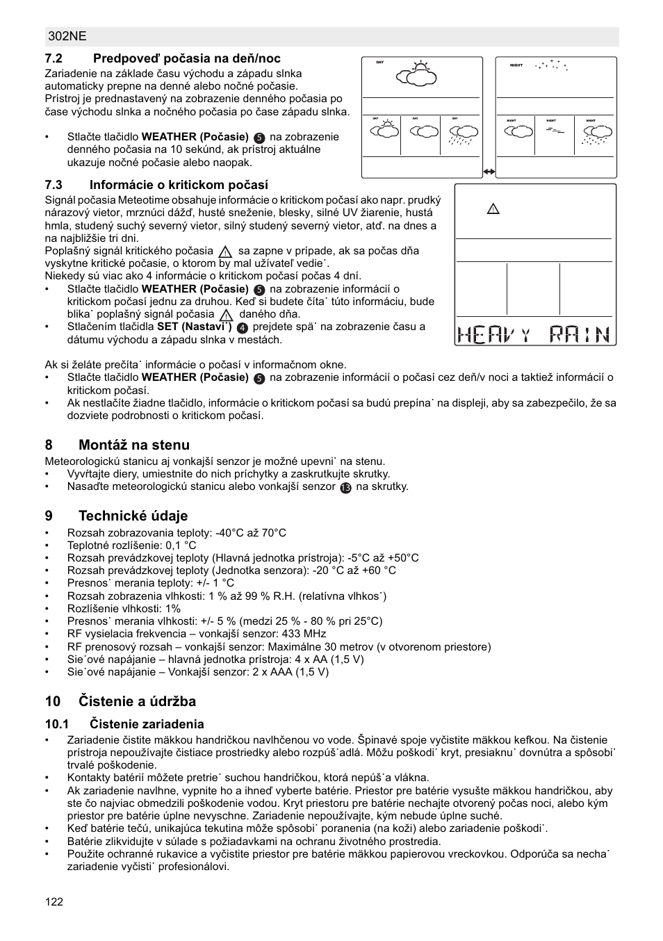 8montáž na stenu, 9technické údaje, 10 ýistenie a údržba | National Geographic Weather Forecast 302 NE User Manual | Page 122 / 128