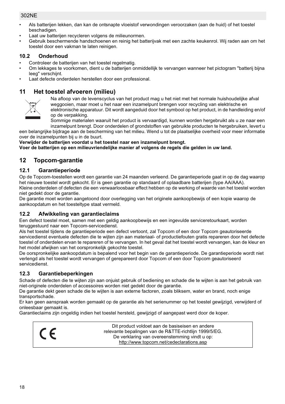 11 het toestel afvoeren (milieu), 12 topcom-garantie | National Geographic Weather Forecast 302 NE User Manual | Page 18 / 128