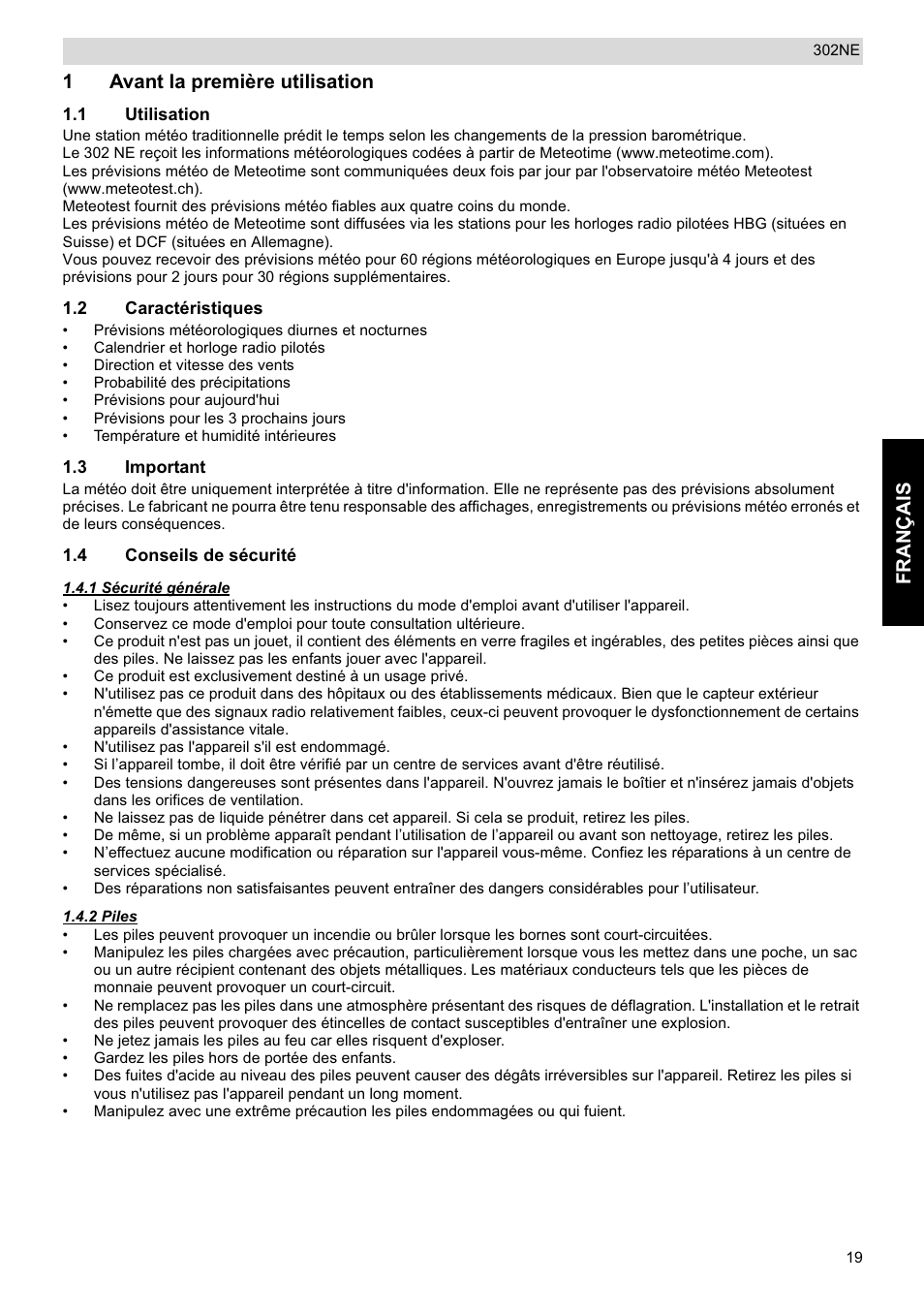 Français, 1avant la première utilisation | National Geographic Weather Forecast 302 NE User Manual | Page 19 / 128