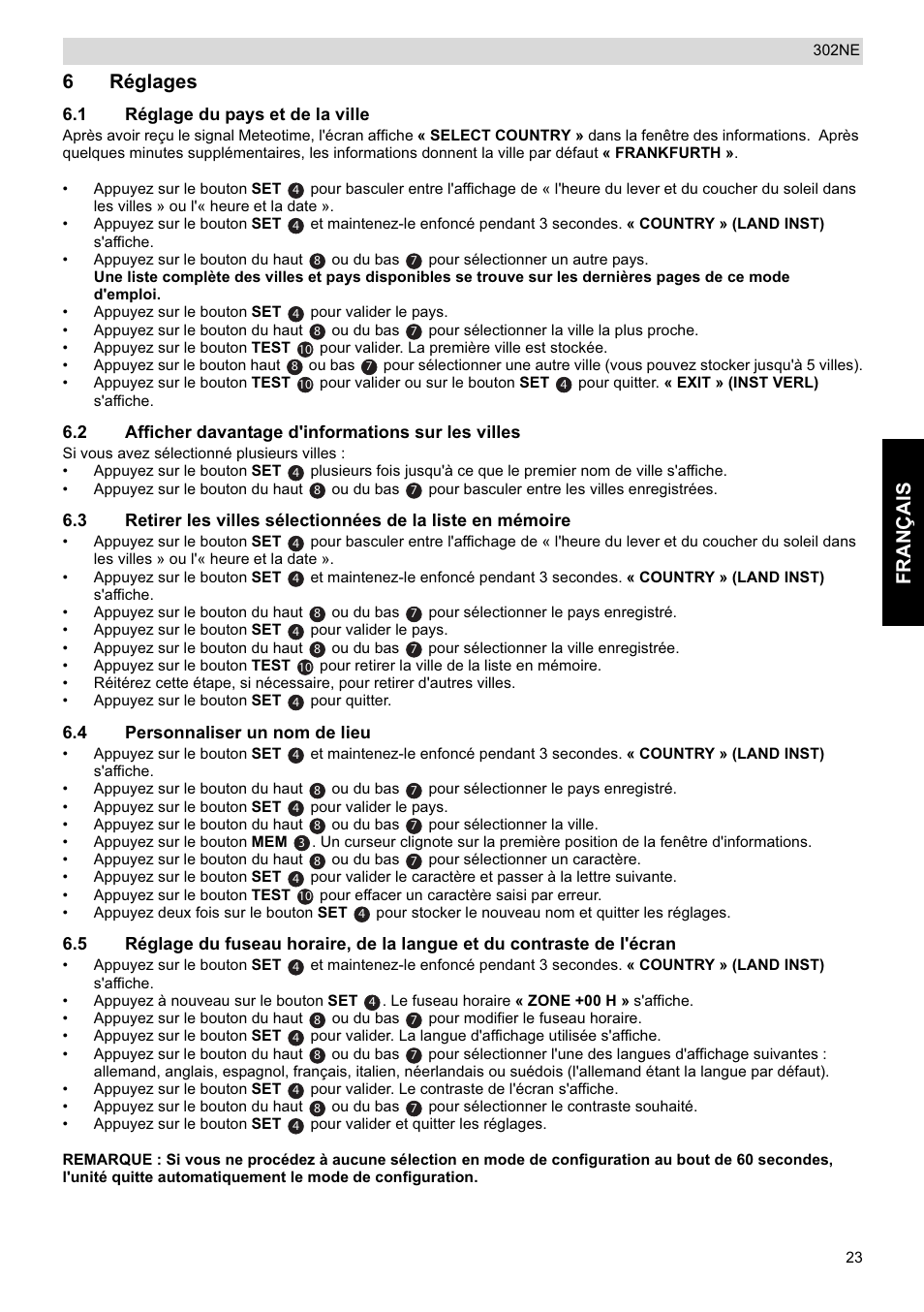 Français, 6réglages | National Geographic Weather Forecast 302 NE User Manual | Page 23 / 128