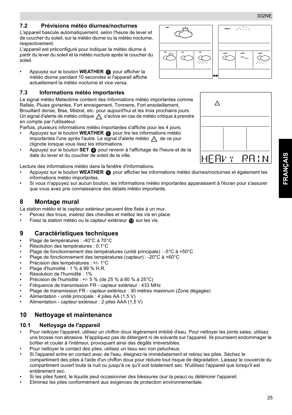 Français, 8montage mural, 9caractéristiques techniques | 10 nettoyage et maintenance | National Geographic Weather Forecast 302 NE User Manual | Page 25 / 128