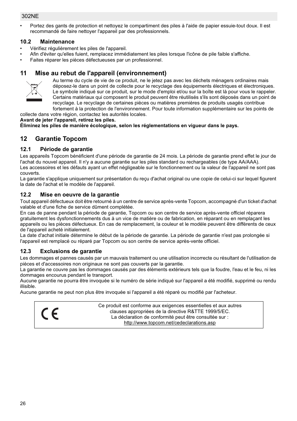 11 mise au rebut de l'appareil (environnement), 12 garantie topcom | National Geographic Weather Forecast 302 NE User Manual | Page 26 / 128