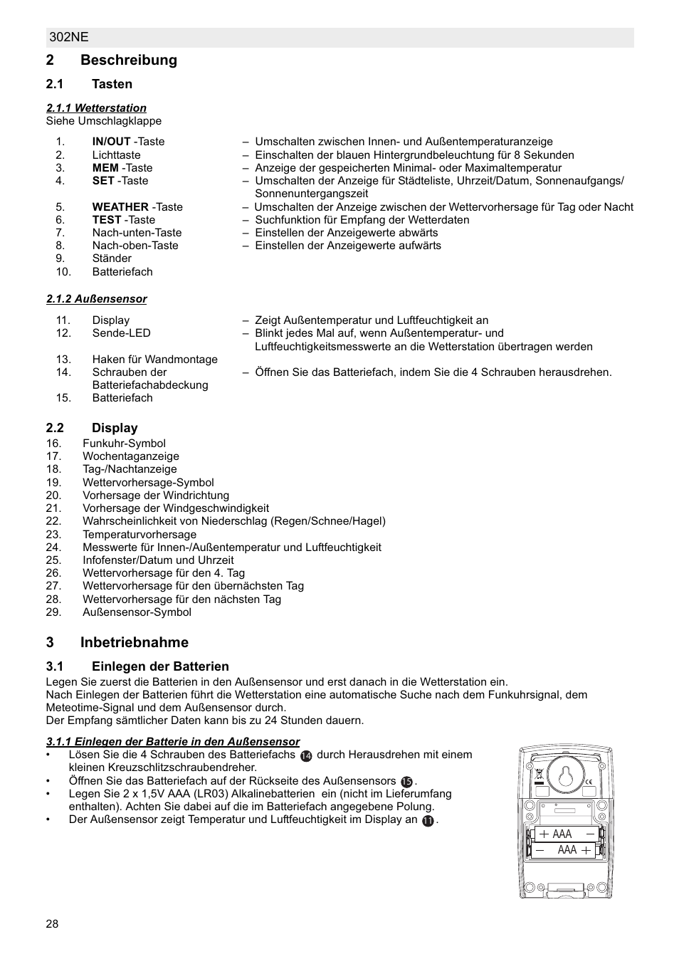 2beschreibung, 3inbetriebnahme | National Geographic Weather Forecast 302 NE User Manual | Page 28 / 128