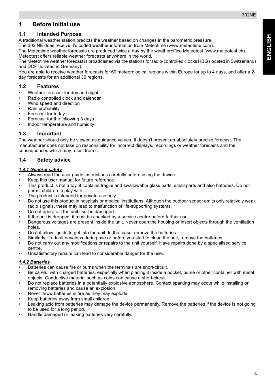 Englis h, 1before initial use | National Geographic Weather Forecast 302 NE User Manual | Page 3 / 128