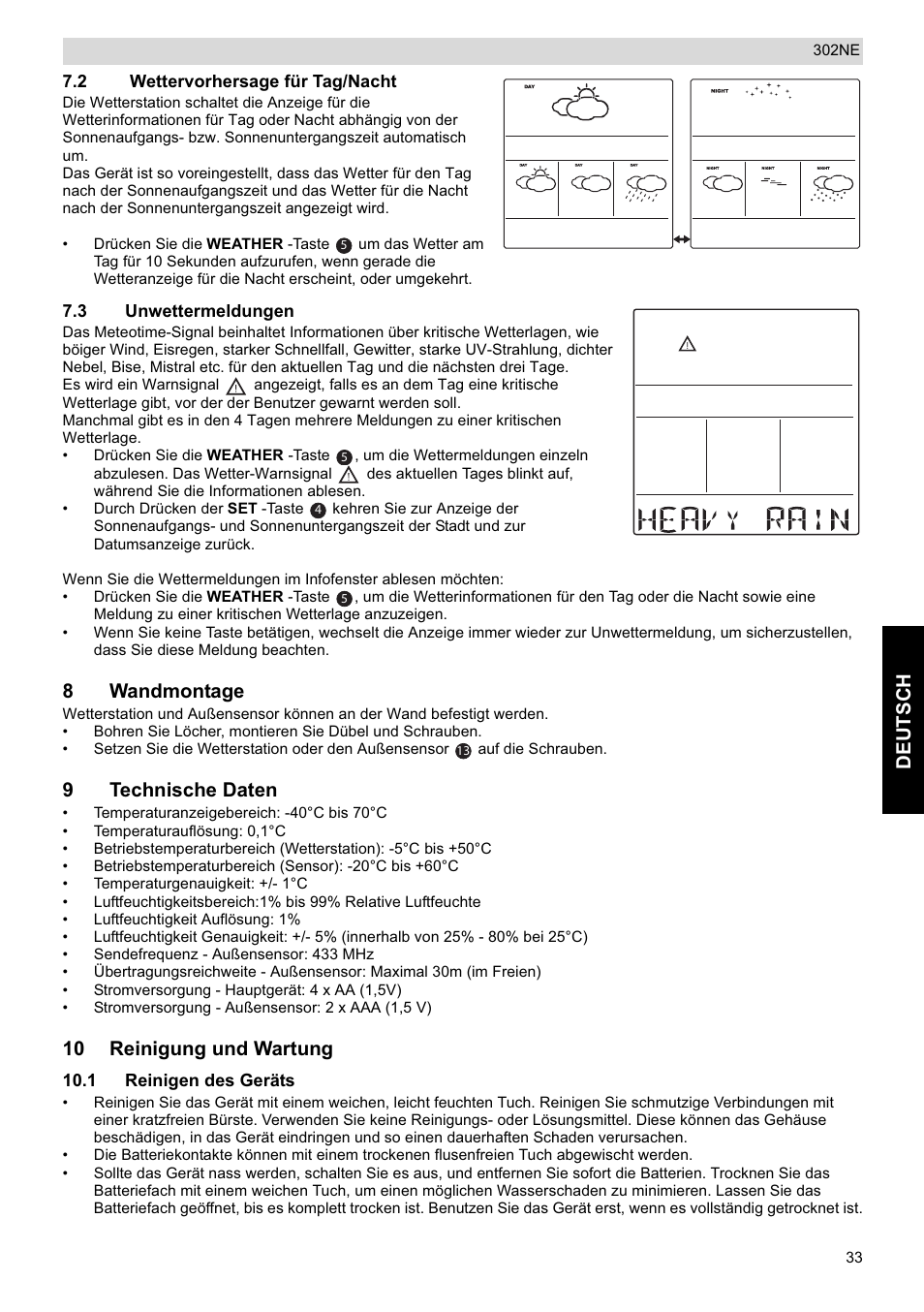 Deutsch, 8wandmontage, 9technische daten | 10 reinigung und wartung | National Geographic Weather Forecast 302 NE User Manual | Page 33 / 128