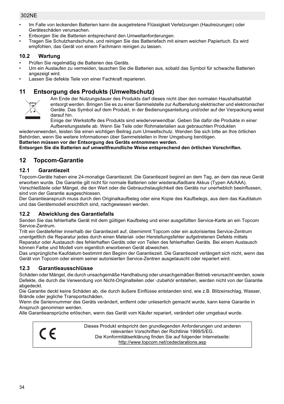 11 entsorgung des produkts (umweltschutz), 12 topcom-garantie | National Geographic Weather Forecast 302 NE User Manual | Page 34 / 128