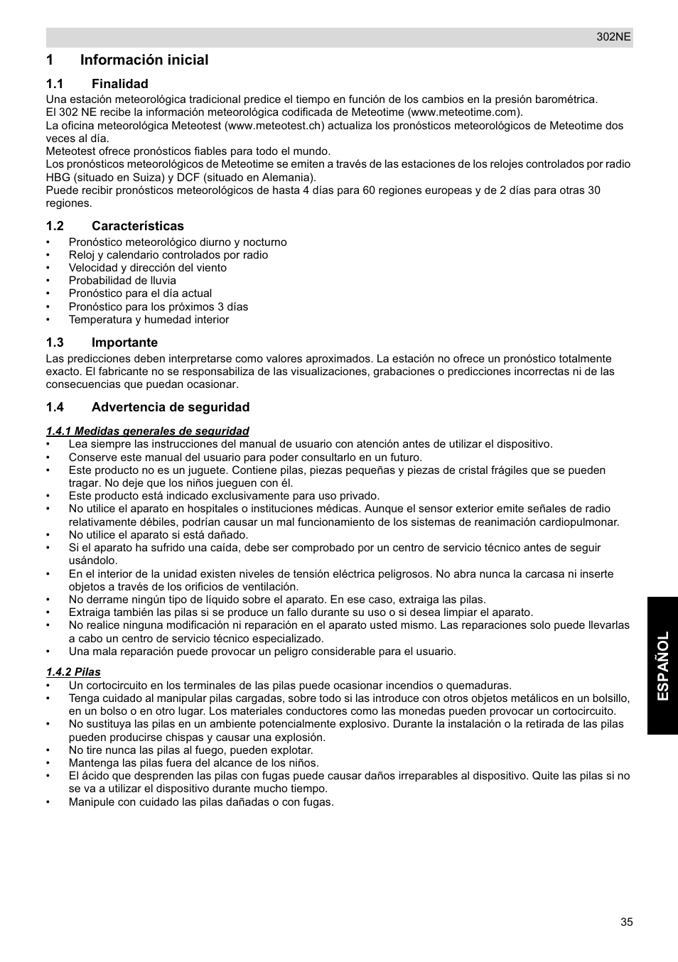 Español, 1información inicial | National Geographic Weather Forecast 302 NE User Manual | Page 35 / 128