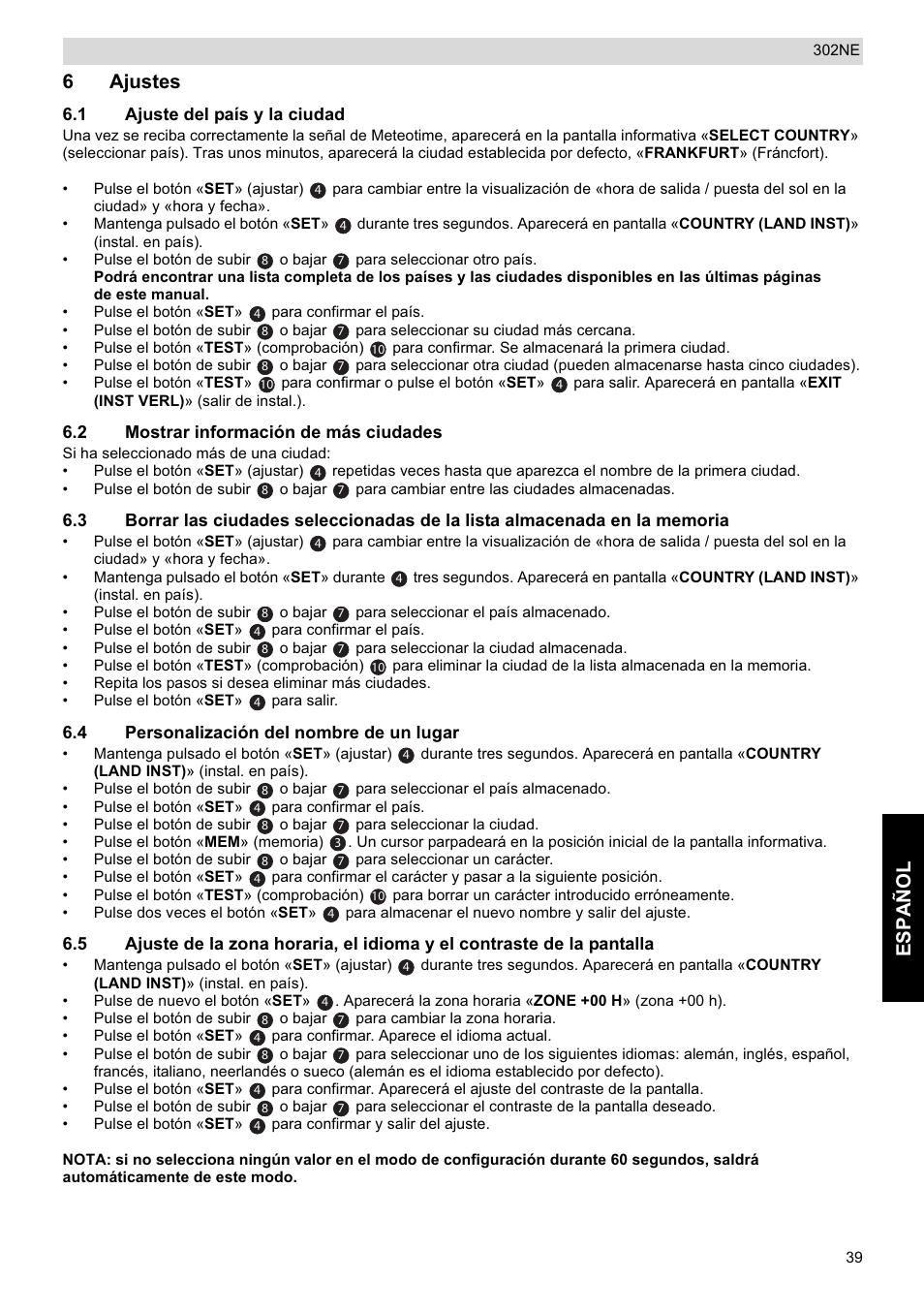 Español, 6ajustes | National Geographic Weather Forecast 302 NE User Manual | Page 39 / 128