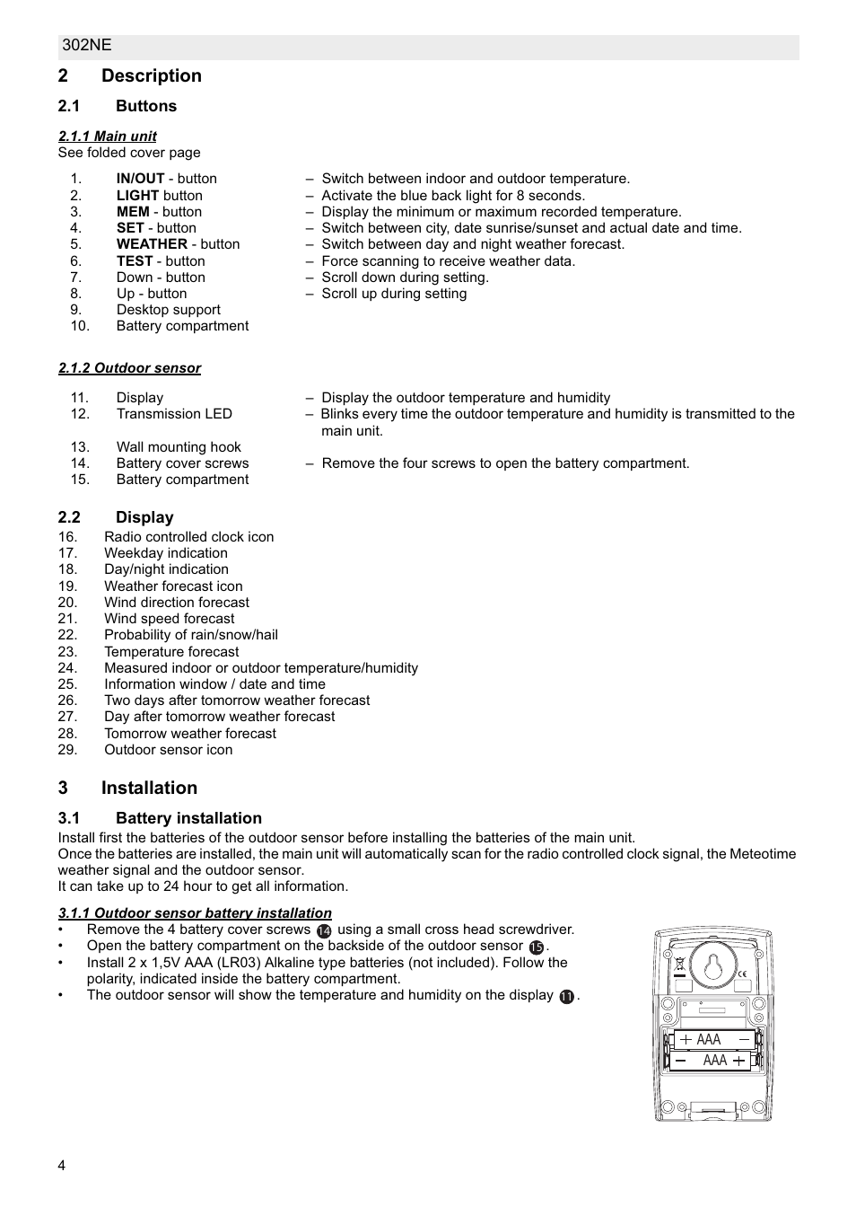 2description, 3installation | National Geographic Weather Forecast 302 NE User Manual | Page 4 / 128