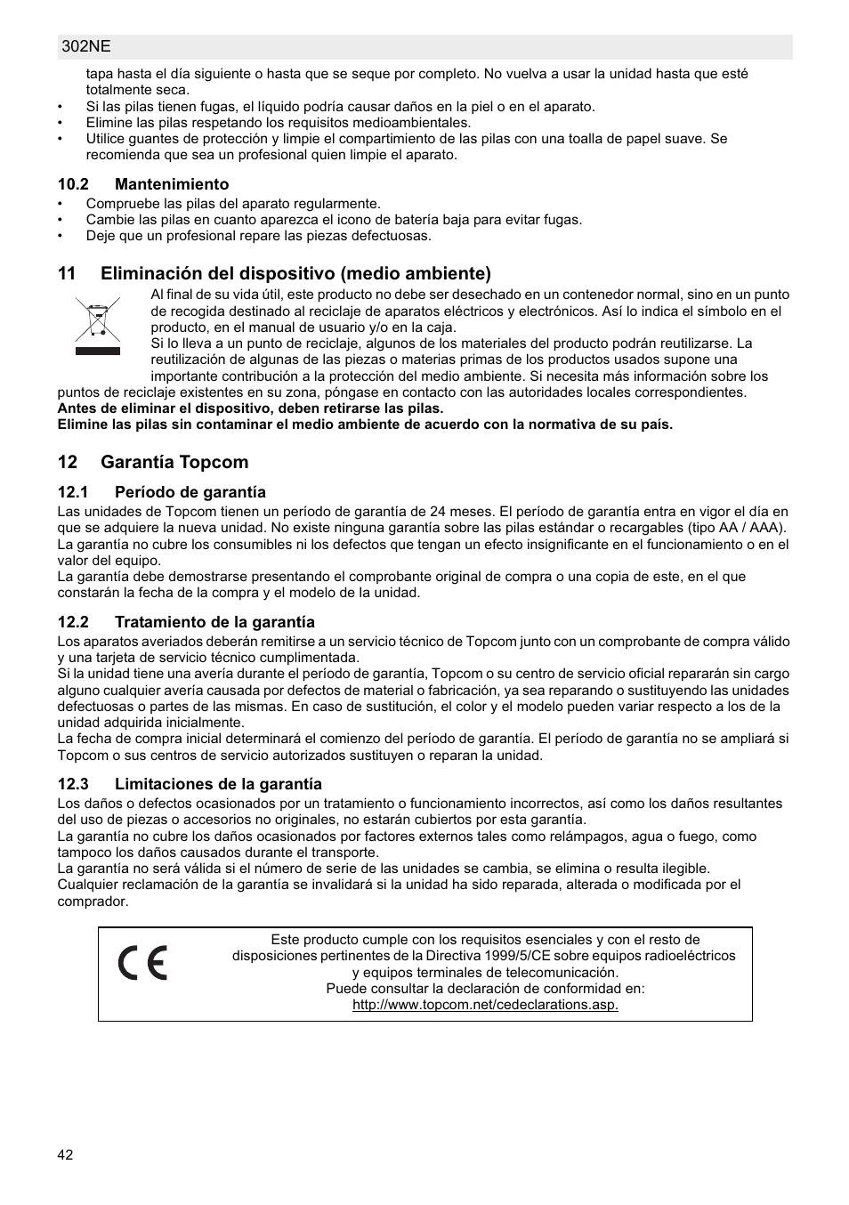 11 eliminación del dispositivo (medio ambiente), 12 garantía topcom | National Geographic Weather Forecast 302 NE User Manual | Page 42 / 128