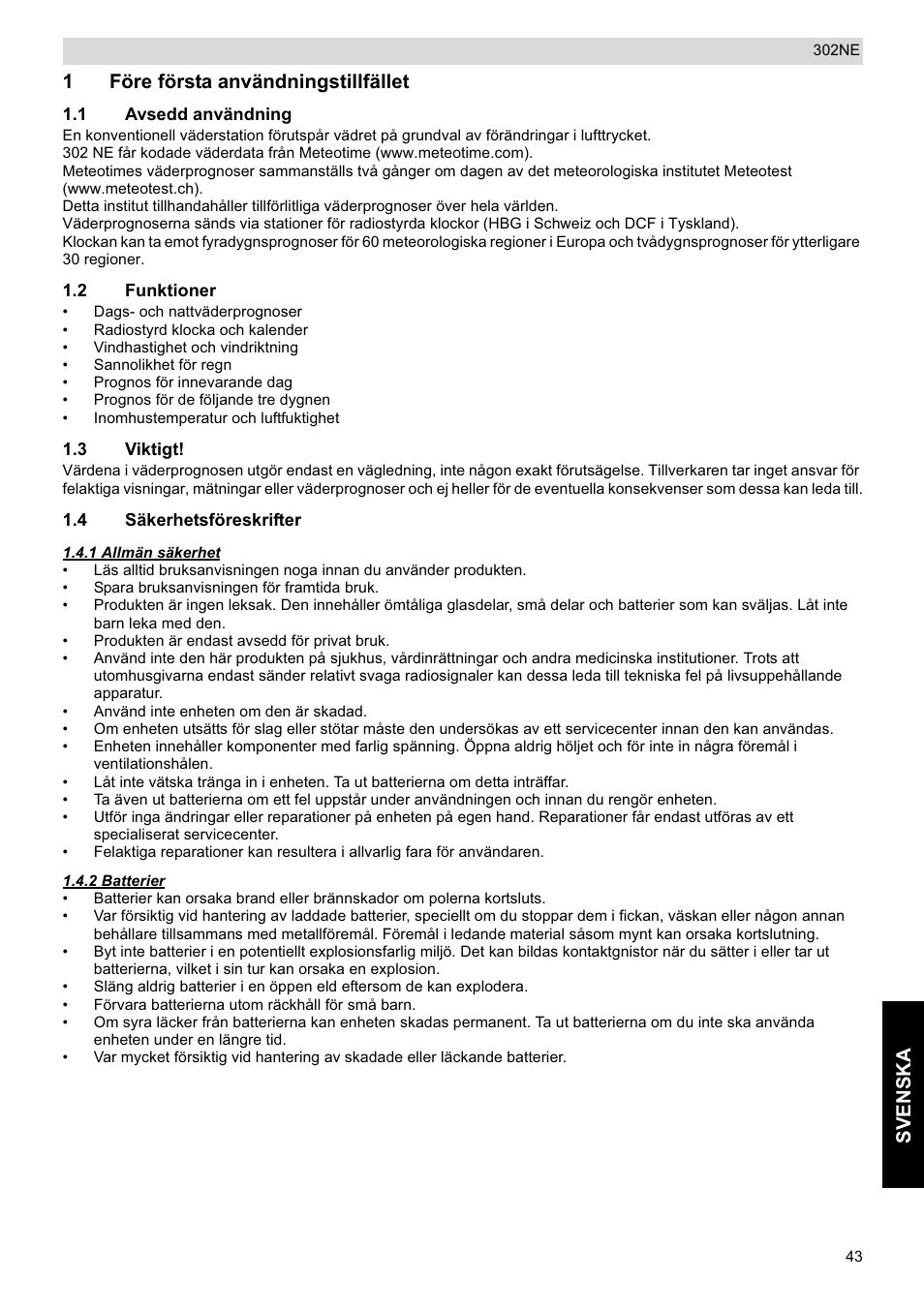Sve nska, 1före första användningstillfället | National Geographic Weather Forecast 302 NE User Manual | Page 43 / 128