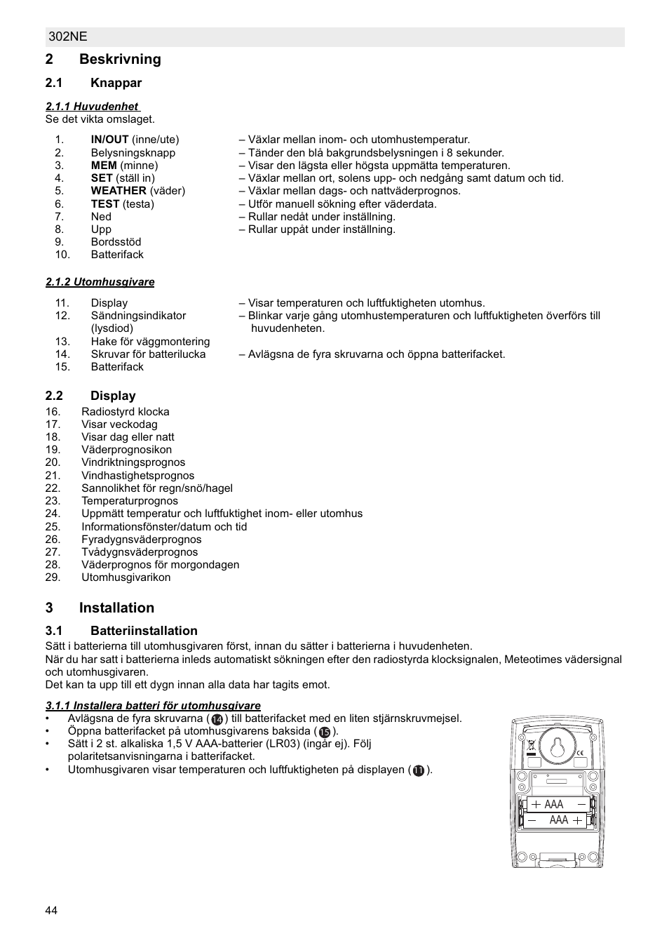 2beskrivning, 3installation | National Geographic Weather Forecast 302 NE User Manual | Page 44 / 128