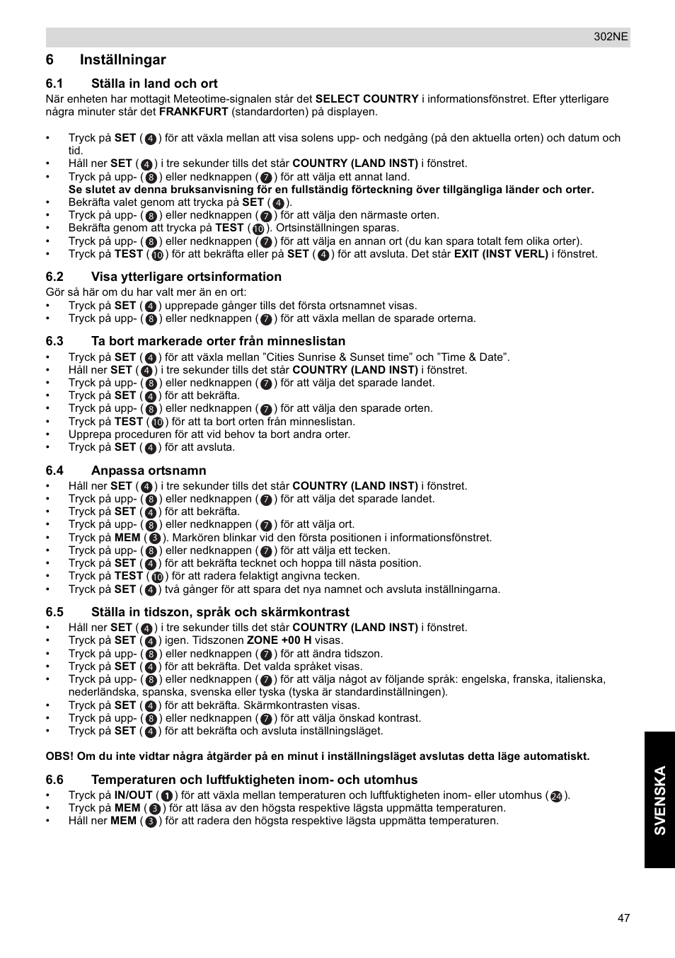 Sve nska, 6inställningar | National Geographic Weather Forecast 302 NE User Manual | Page 47 / 128