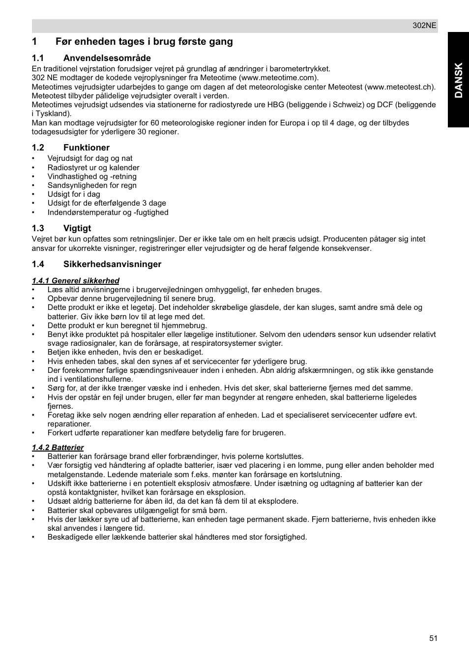 Dansk, 1før enheden tages i brug første gang | National Geographic Weather Forecast 302 NE User Manual | Page 51 / 128