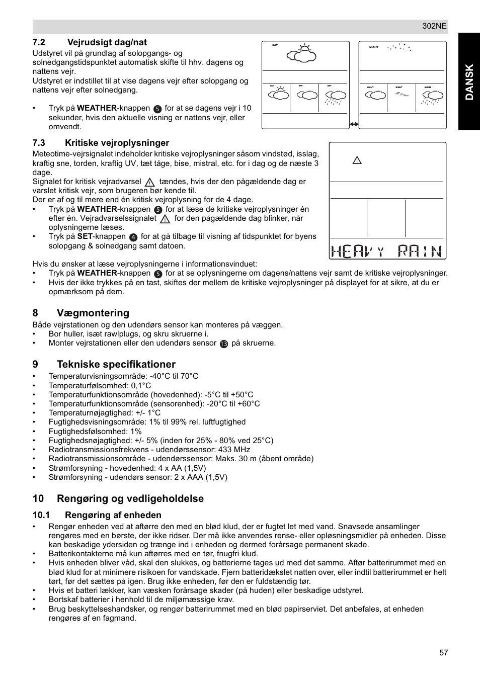 Dansk, 8vægmontering, 9tekniske specifikationer | 10 rengøring og vedligeholdelse | National Geographic Weather Forecast 302 NE User Manual | Page 57 / 128
