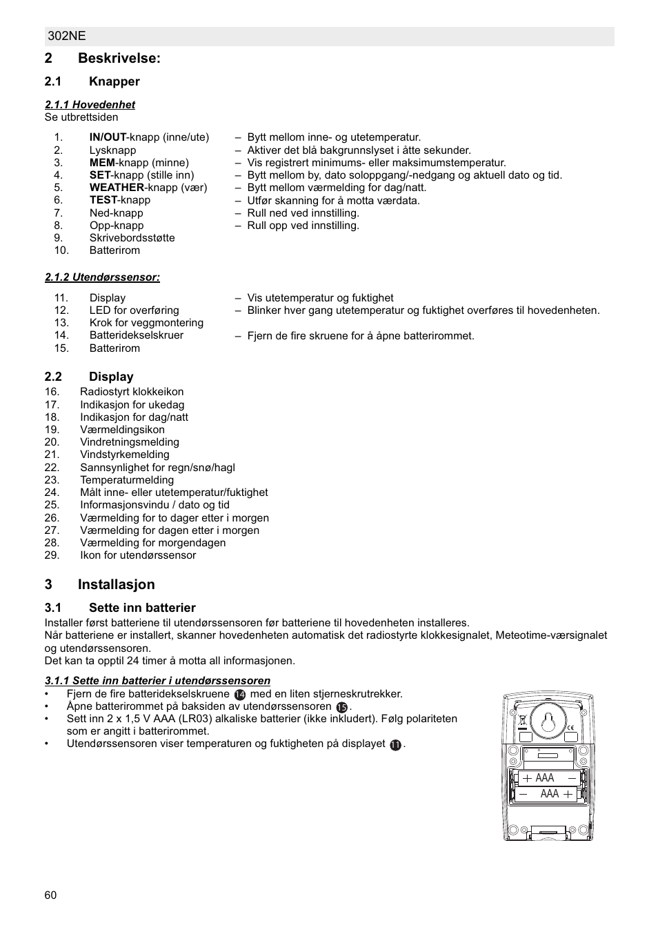 2beskrivelse, 3installasjon | National Geographic Weather Forecast 302 NE User Manual | Page 60 / 128