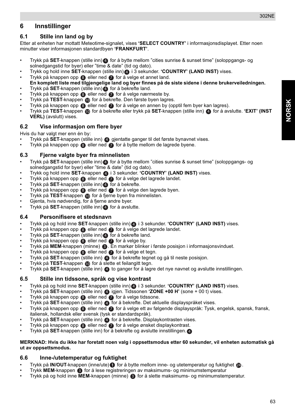 Norsk, 6innstillinger | National Geographic Weather Forecast 302 NE User Manual | Page 63 / 128