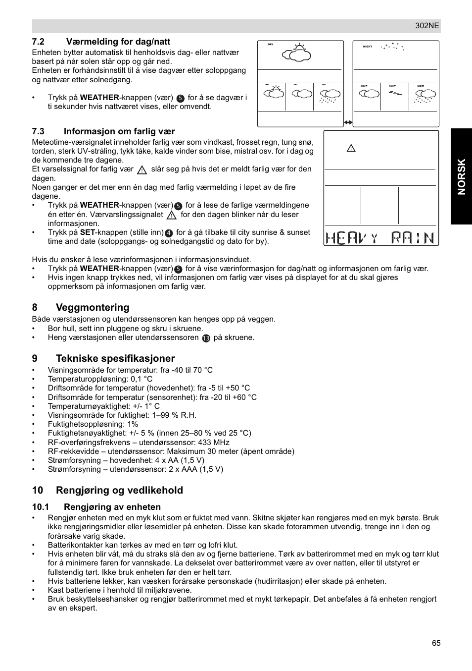 Norsk, 8veggmontering, 9tekniske spesifikasjoner | 10 rengjøring og vedlikehold | National Geographic Weather Forecast 302 NE User Manual | Page 65 / 128