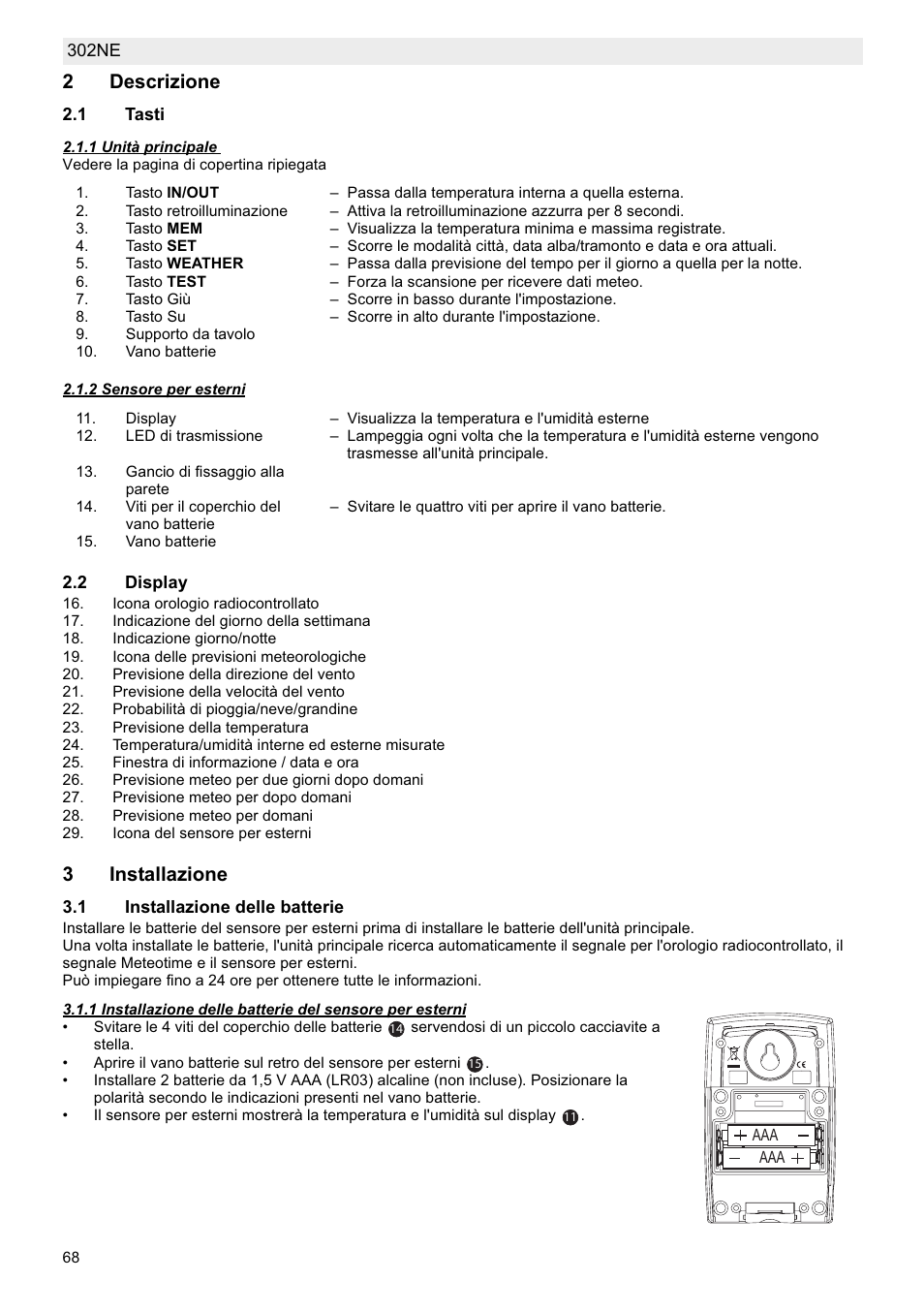 2descrizione, 3installazione | National Geographic Weather Forecast 302 NE User Manual | Page 68 / 128