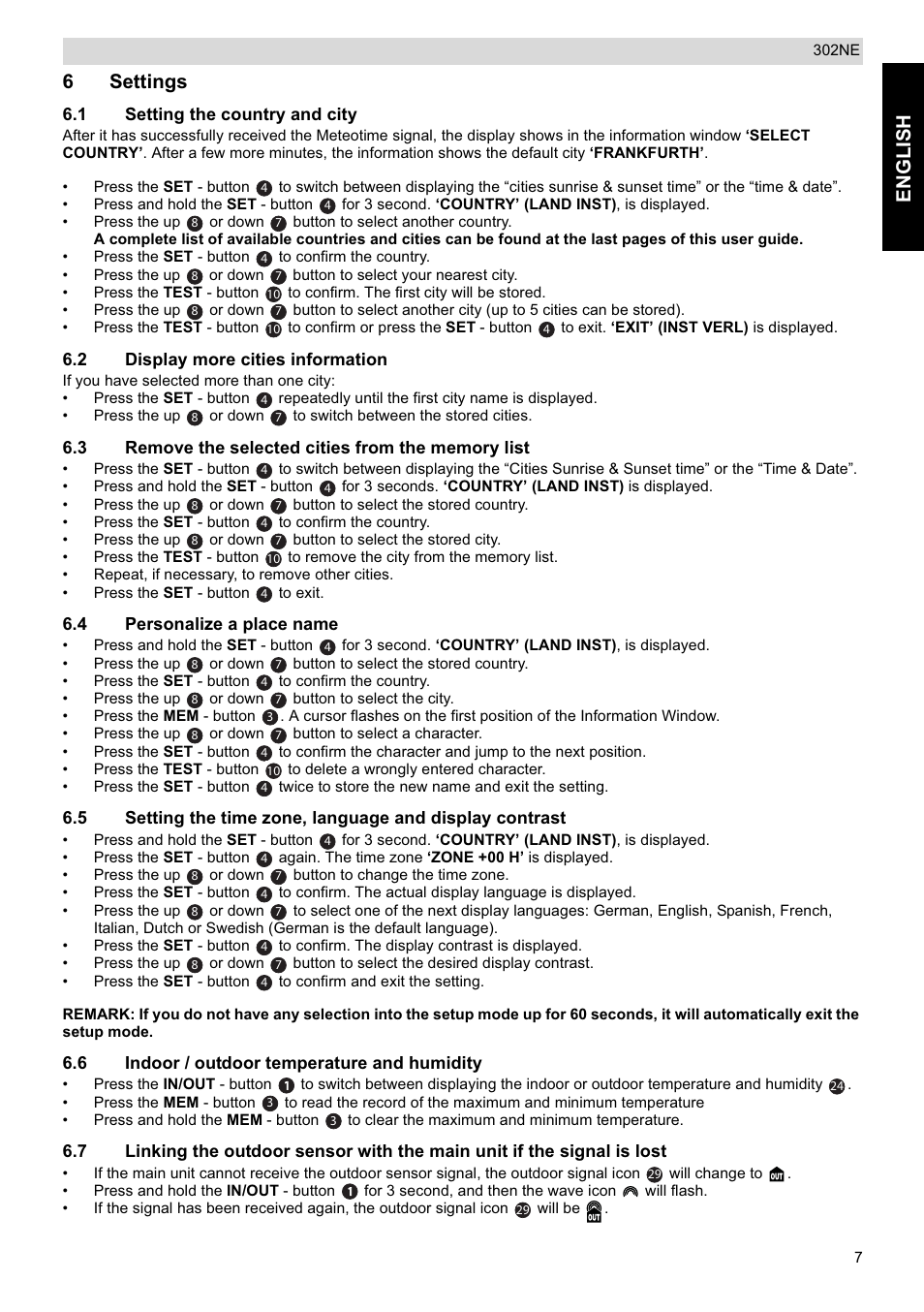 Englis h, 6settings | National Geographic Weather Forecast 302 NE User Manual | Page 7 / 128