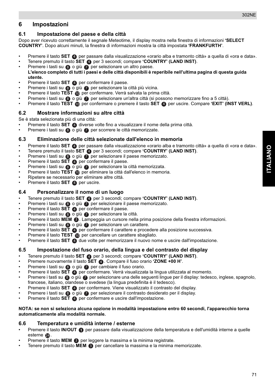 Italiano, 6impostazioni | National Geographic Weather Forecast 302 NE User Manual | Page 71 / 128