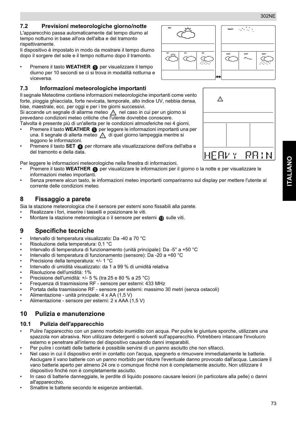 Italiano, 8fissaggio a parete, 9specifiche tecniche | 10 pulizia e manutenzione | National Geographic Weather Forecast 302 NE User Manual | Page 73 / 128