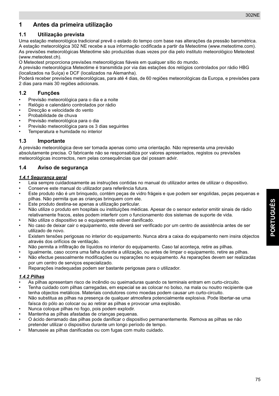 Português, 1antes da primeira utilização | National Geographic Weather Forecast 302 NE User Manual | Page 75 / 128