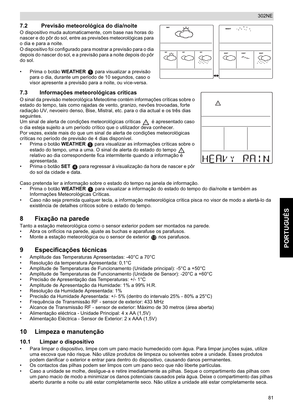 Português, 8fixação na parede, 9especificações técnicas | 10 limpeza e manutenção | National Geographic Weather Forecast 302 NE User Manual | Page 81 / 128