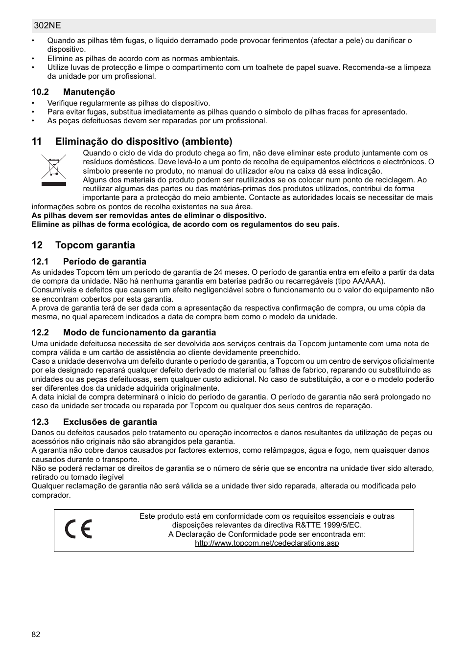 11 eliminação do dispositivo (ambiente), 12 topcom garantia | National Geographic Weather Forecast 302 NE User Manual | Page 82 / 128