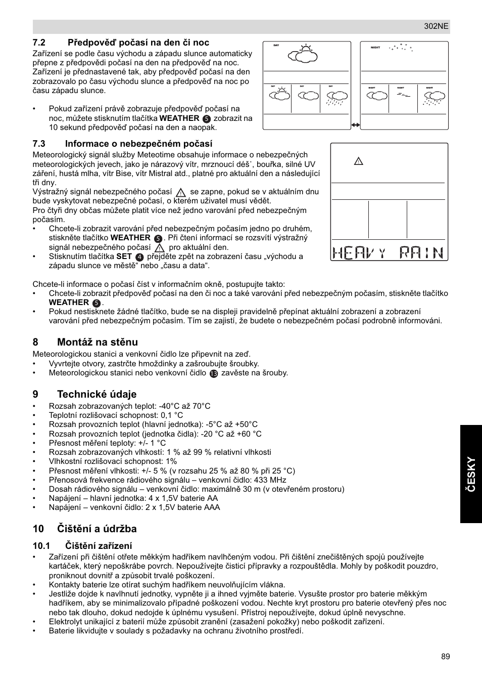 Ýesky, 8montáž na stčnu, 9technické údaje | 10 ýištční a údržba | National Geographic Weather Forecast 302 NE User Manual | Page 89 / 128