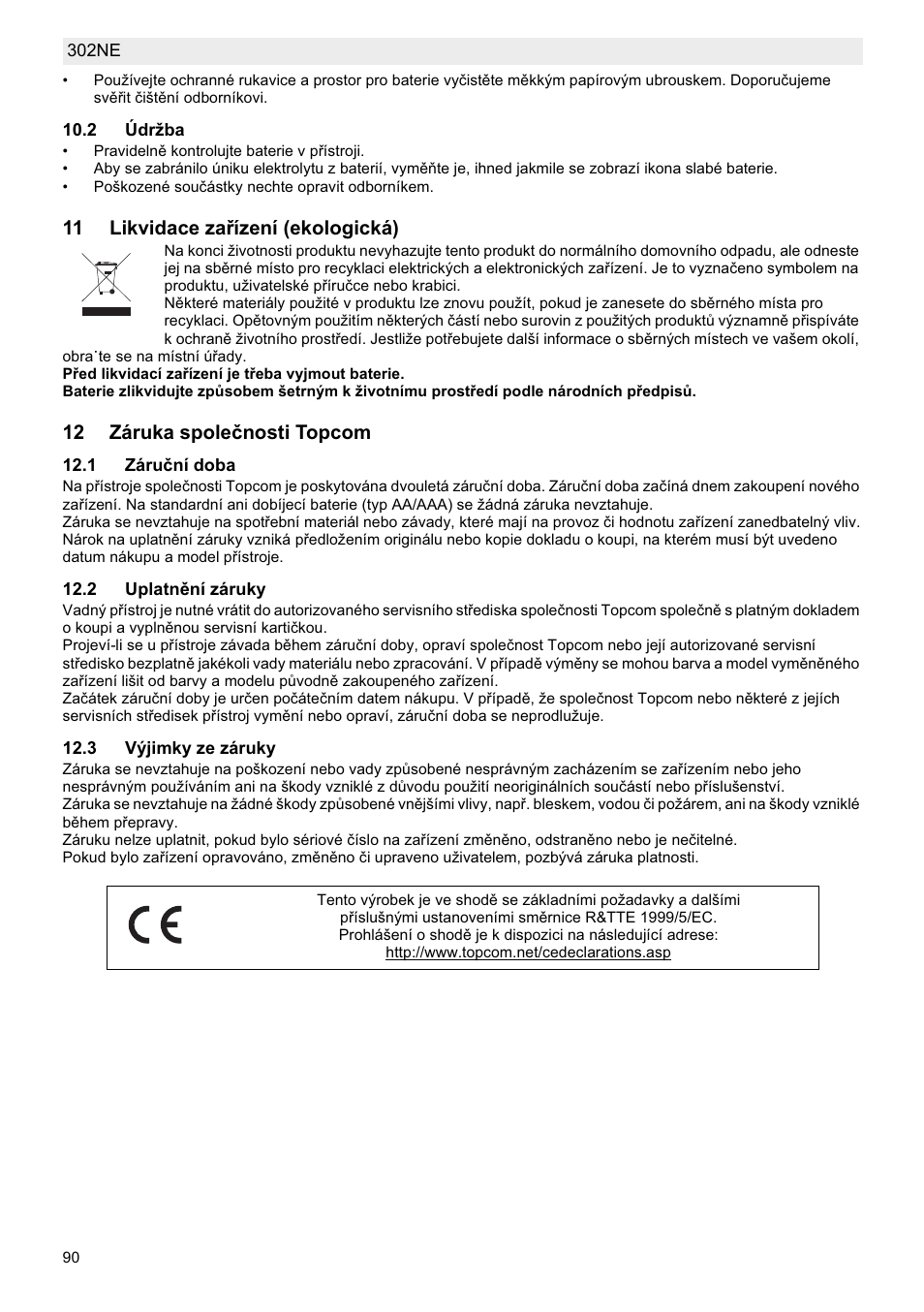 11 likvidace zaĝízení (ekologická), 12 záruka spoleþnosti topcom | National Geographic Weather Forecast 302 NE User Manual | Page 90 / 128