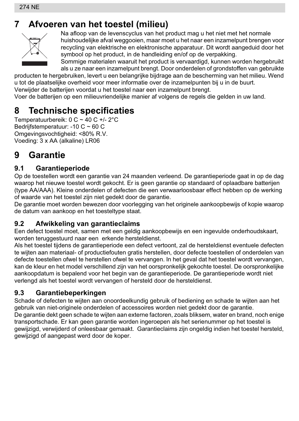 7afvoeren van het toestel (milieu), 8technische specificaties, 9garantie | National Geographic 274NE User Manual | Page 10 / 64