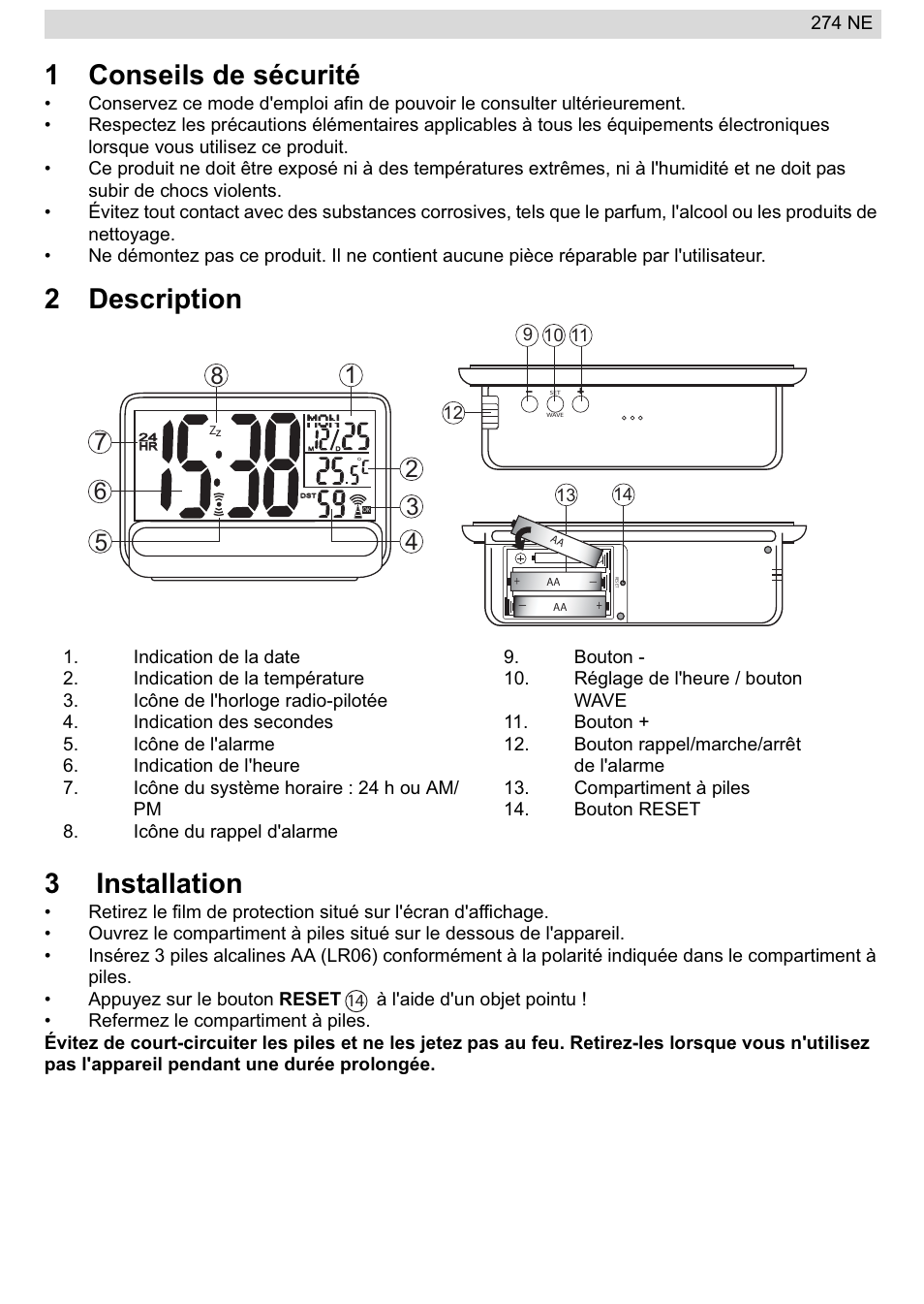 1conseils de sécurité, 2description 3 installation | National Geographic 274NE User Manual | Page 11 / 64