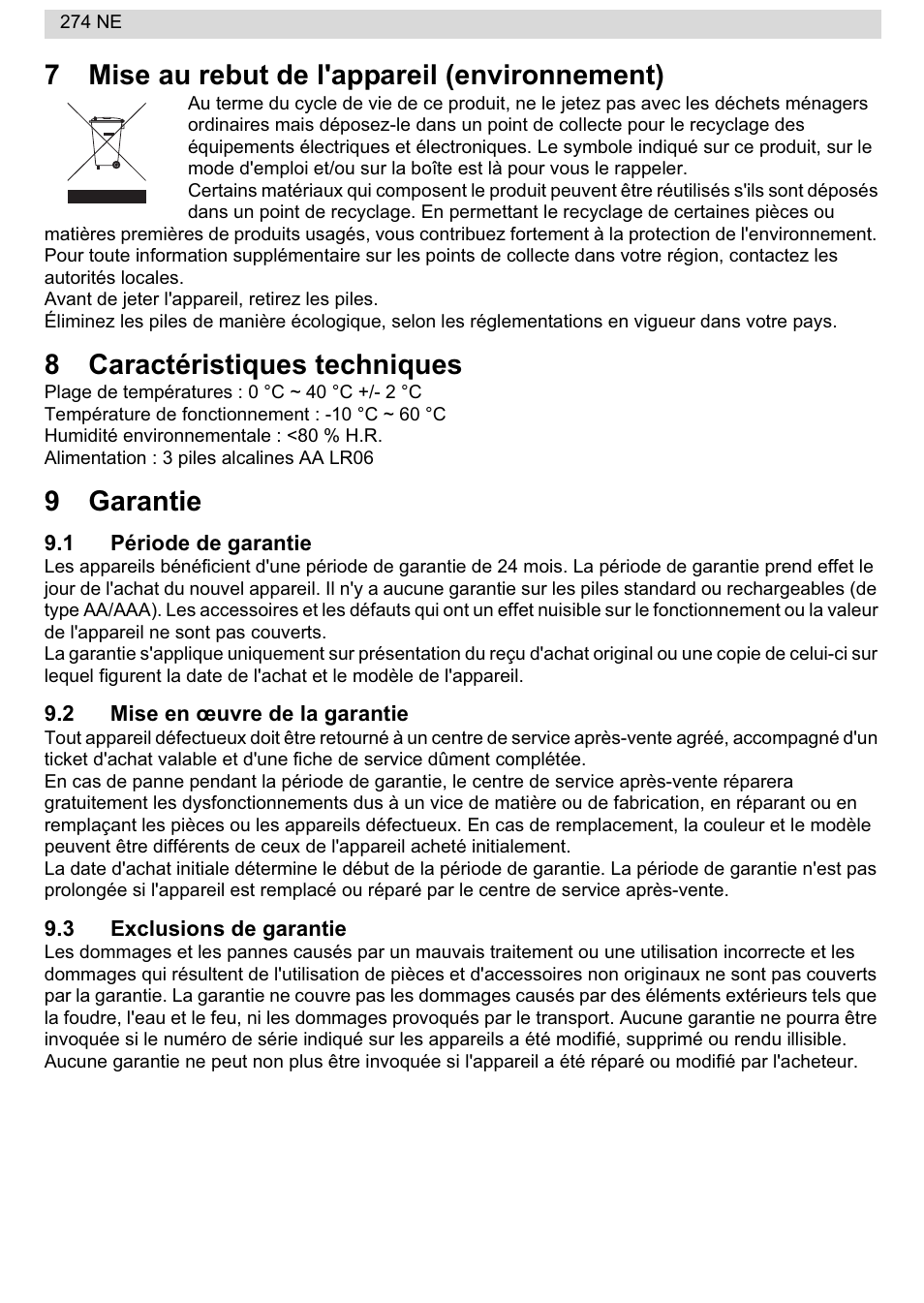 7mise au rebut de l'appareil (environnement), 8caractéristiques techniques, 9garantie | National Geographic 274NE User Manual | Page 14 / 64