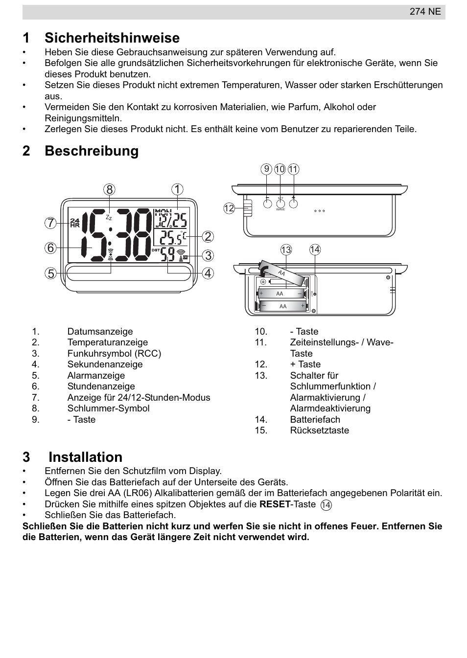 1sicherheitshinweise, 2beschreibung 3 installation | National Geographic 274NE User Manual | Page 15 / 64