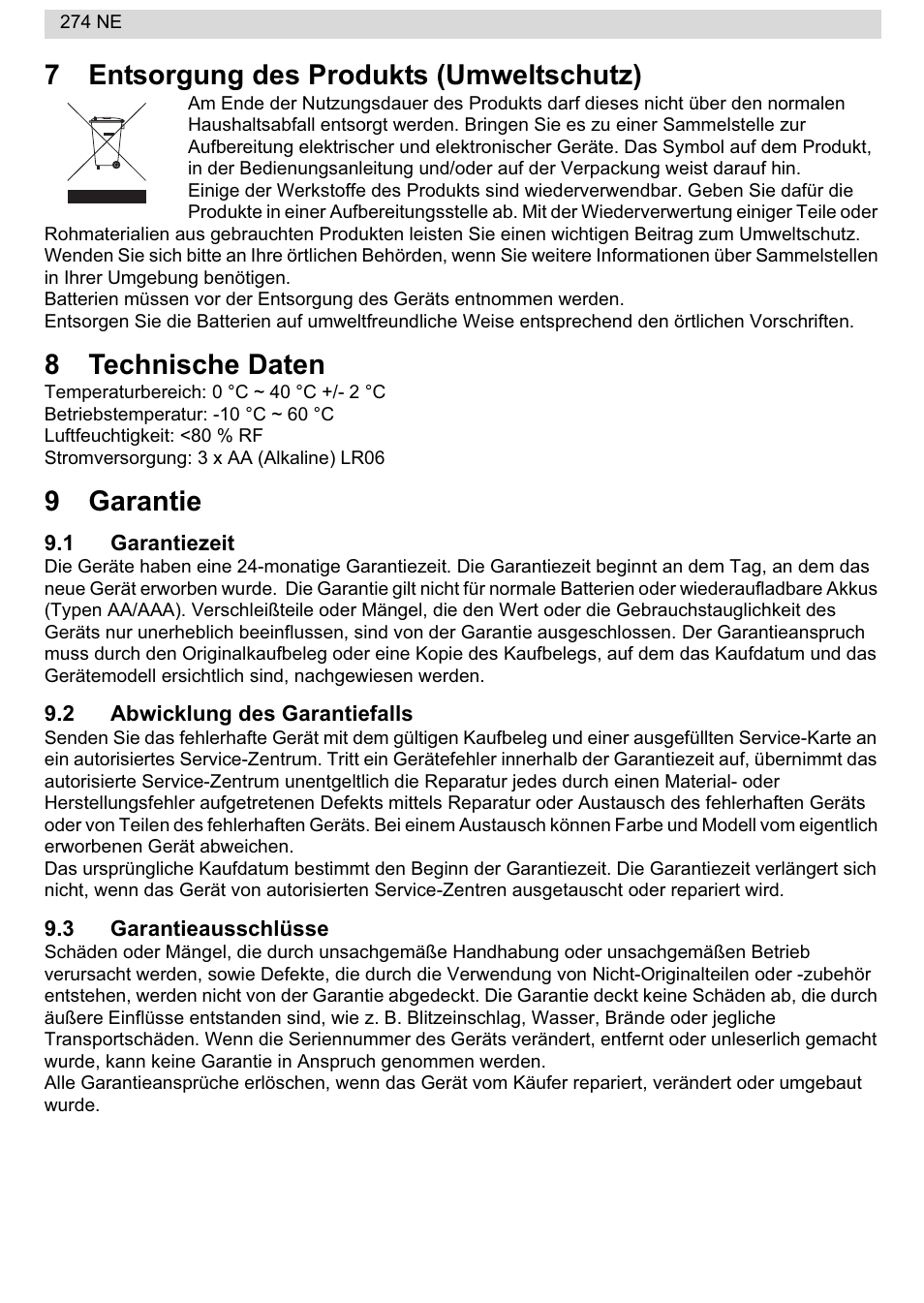7entsorgung des produkts (umweltschutz), 8technische daten, 9garantie | National Geographic 274NE User Manual | Page 18 / 64