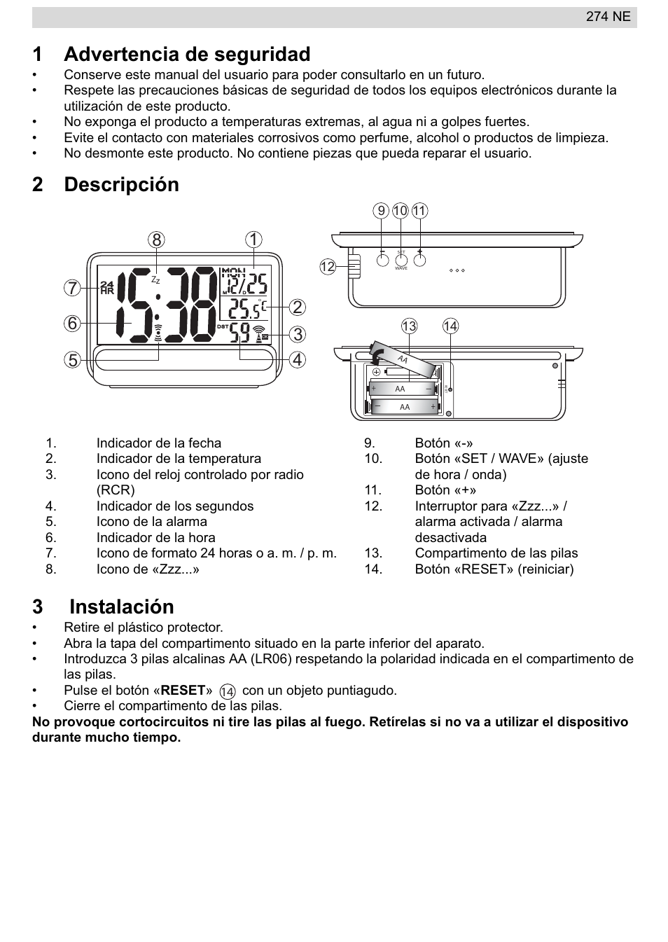 1advertencia de seguridad, 2descripción 3 instalación | National Geographic 274NE User Manual | Page 19 / 64