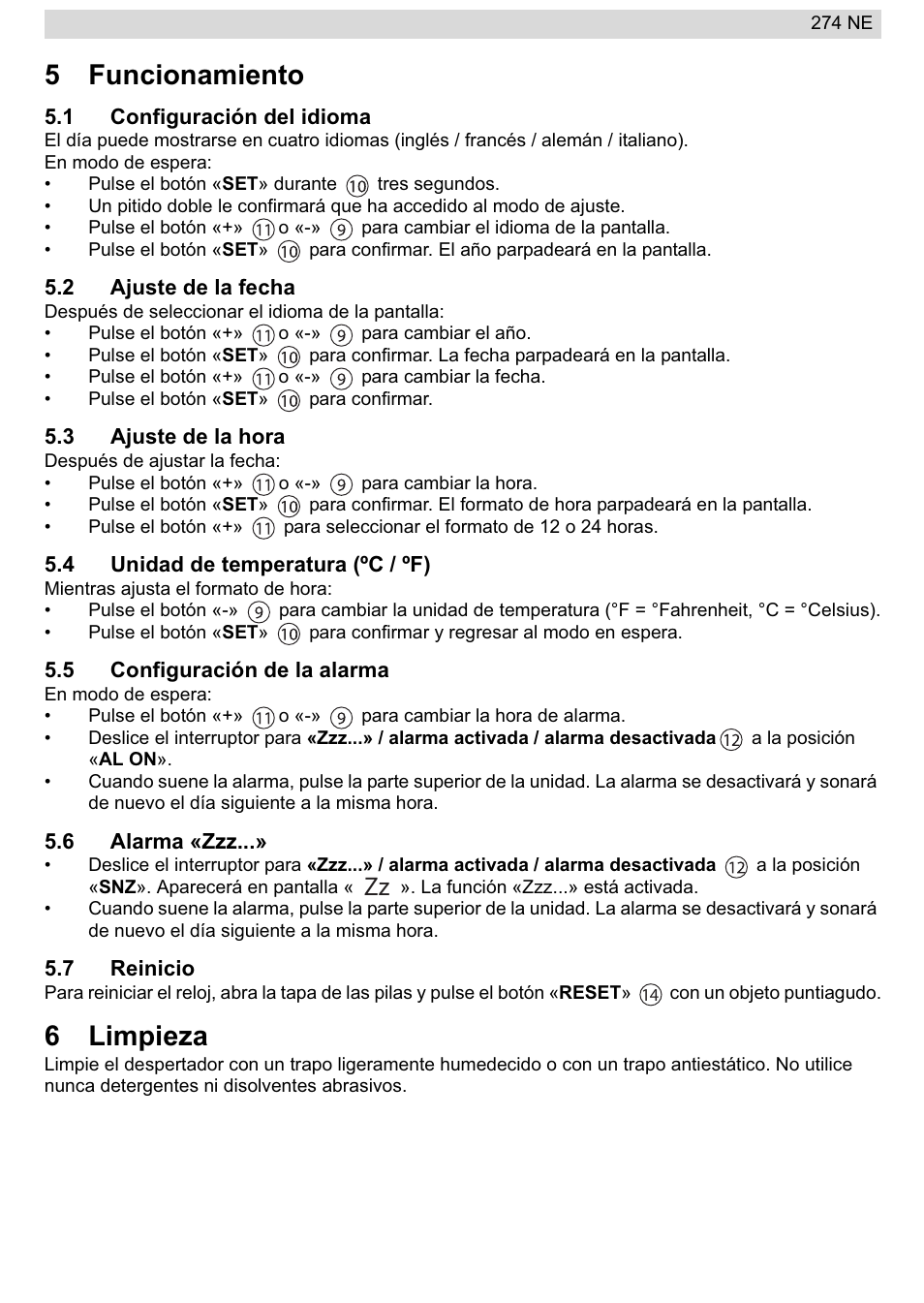 5funcionamiento, 6limpieza | National Geographic 274NE User Manual | Page 21 / 64