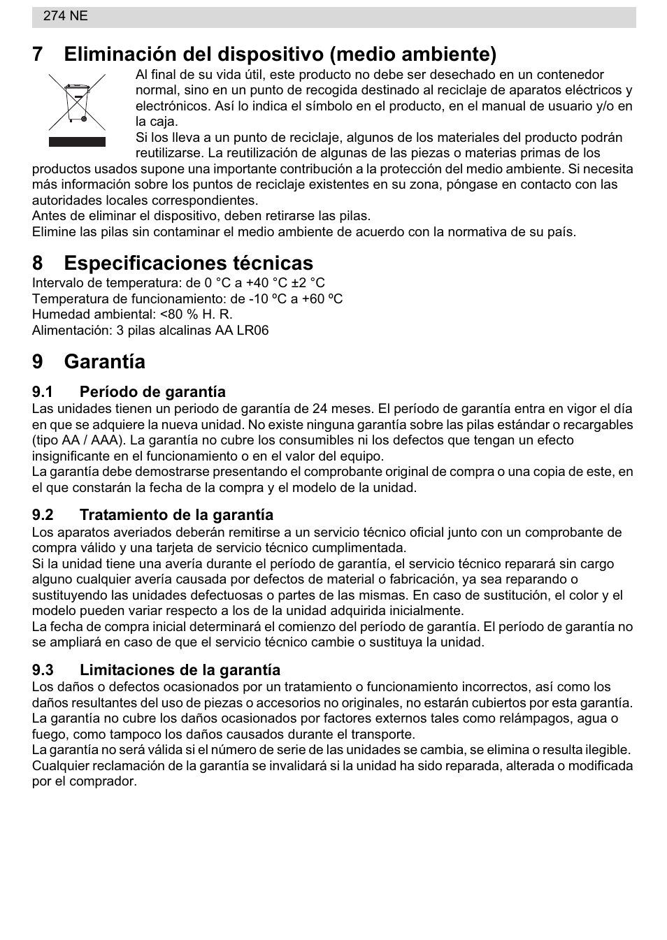 7eliminación del dispositivo (medio ambiente), 8especificaciones técnicas, 9garantía | National Geographic 274NE User Manual | Page 22 / 64