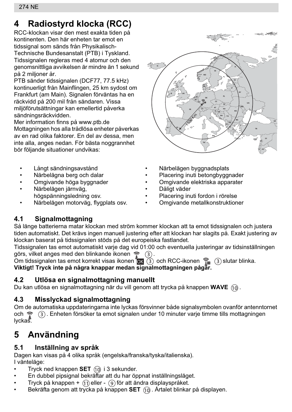 4radiostyrd klocka (rcc), 5användning, 1 signalmottagning | 2 utlösa en signalmottagning manuellt, 3 misslyckad signalmottagning, 1 inställning av språk, 274 ne | National Geographic 274NE User Manual | Page 24 / 64