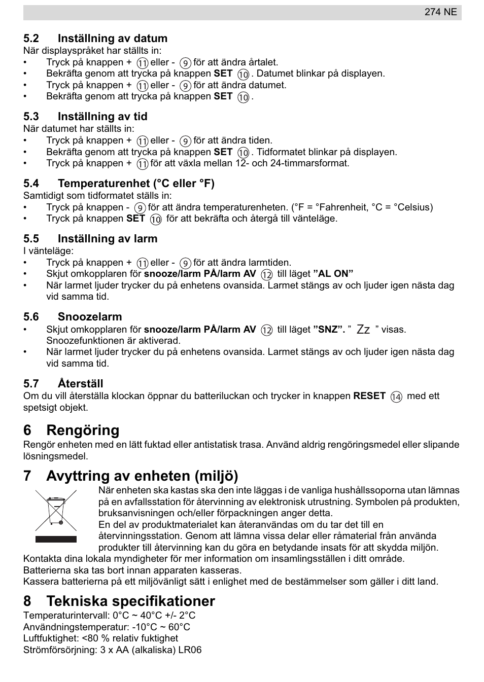 6rengöring, 7avyttring av enheten (miljö), 8tekniska specifikationer | National Geographic 274NE User Manual | Page 25 / 64