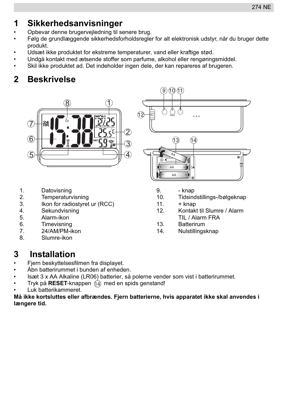 1sikkerhedsanvisninger, 2beskrivelse 3 installation | National Geographic 274NE User Manual | Page 27 / 64